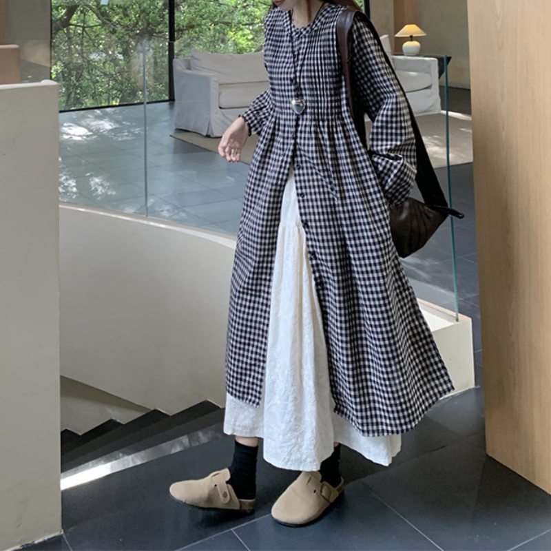 日系復古格紋襯衫洋裝 長袖寬鬆 可層次穿搭 慵懶風（嬌小友善）