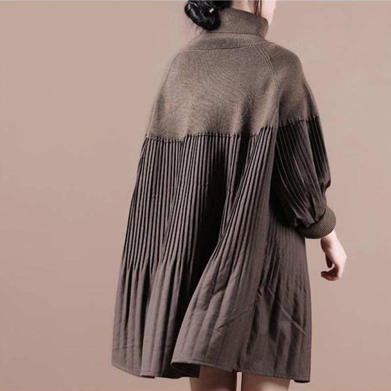 高領針織拼接百褶上衣 寬鬆剪裁 素色氣質 秋冬百搭