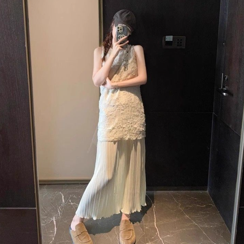 假日風層次拼接無袖洋裝 立體剪花上身 壓褶長裙 長版 氣質顯瘦