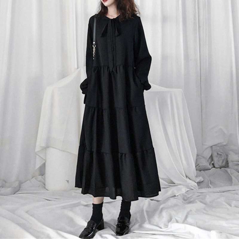 法式復古通勤小黑裙-寬鬆氣質桔梗裙 溫柔風秋季連身裙