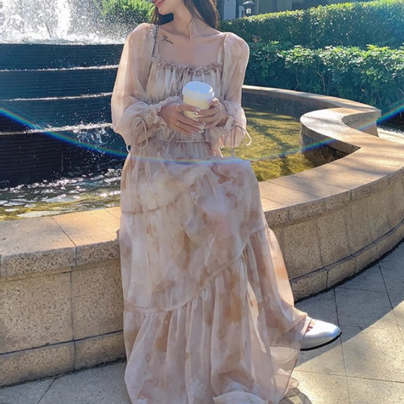 飄逸雪紡法式方領泡泡袖長洋 碎花初戀風顯瘦雪紡裙