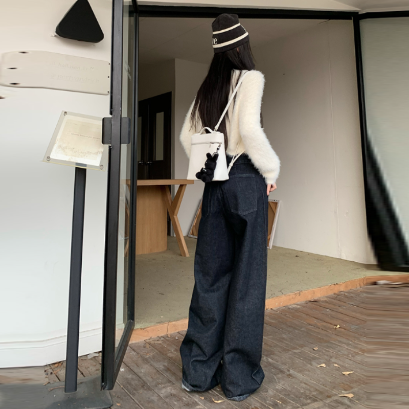 韓系 ‧ 復古腰帶設計感寬腿牛仔褲