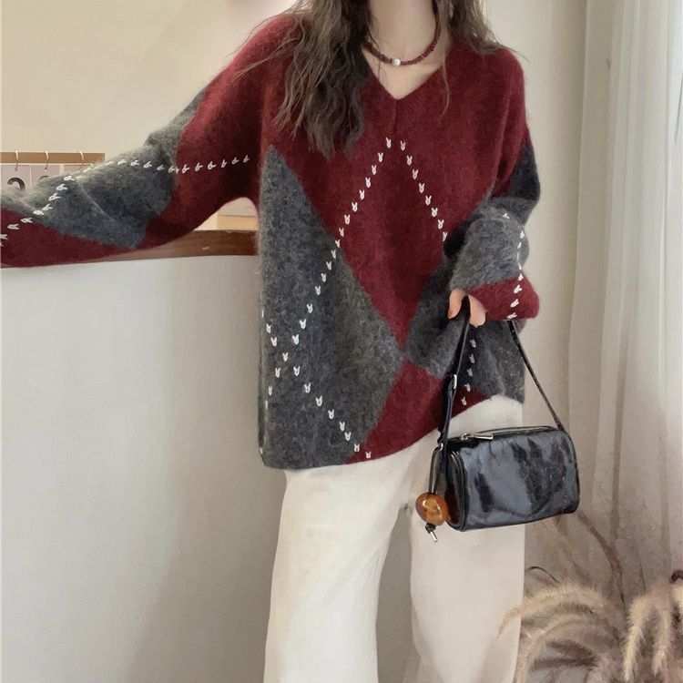慵懶復古菱格針織毛衣 秋冬紅色系寬鬆休閒針織衫上衣