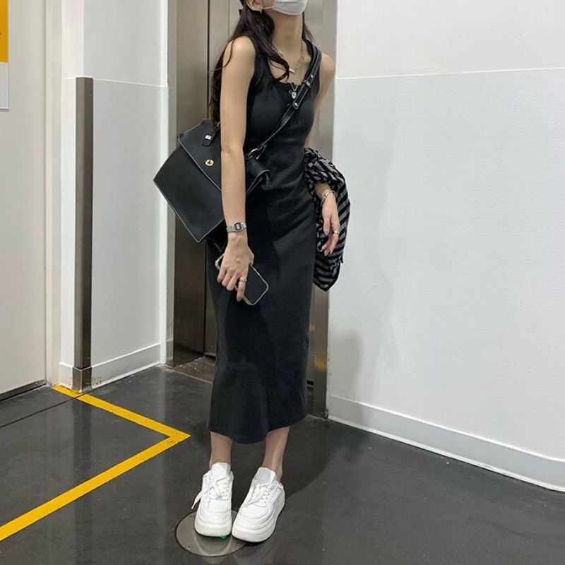 條紋針織開襟外套＋背心洋裝｜兩件式 甜辣風 修身顯瘦（長版／短版）