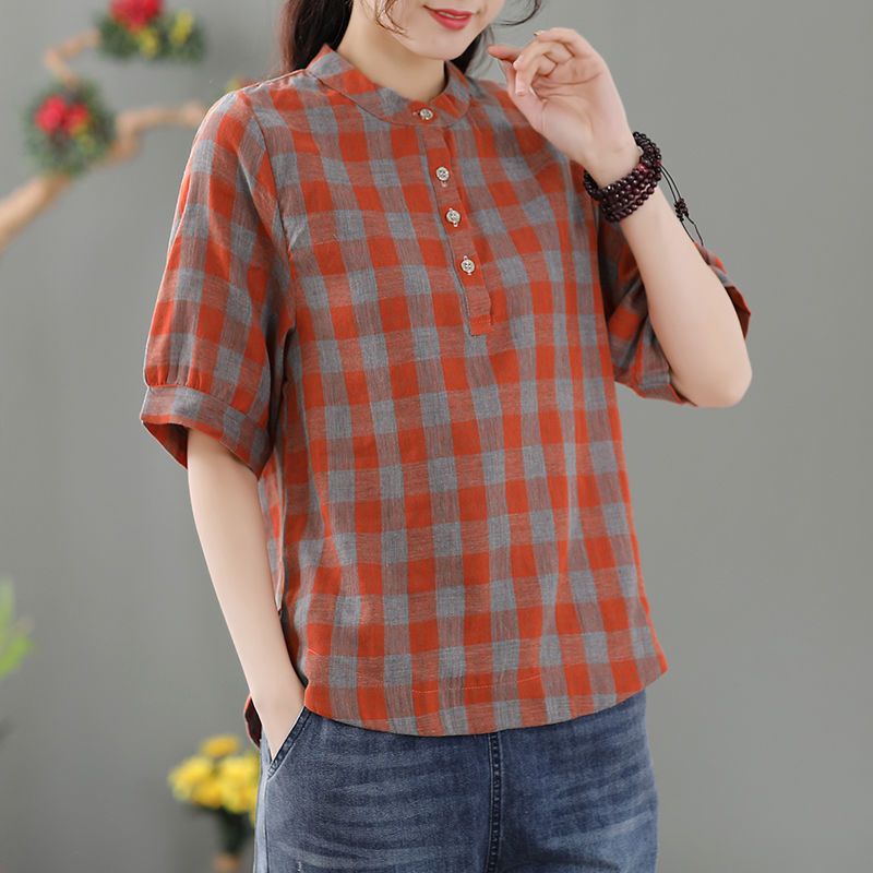 昭和風窗格紋棉麻罩衫 大尺碼衬衫上衣