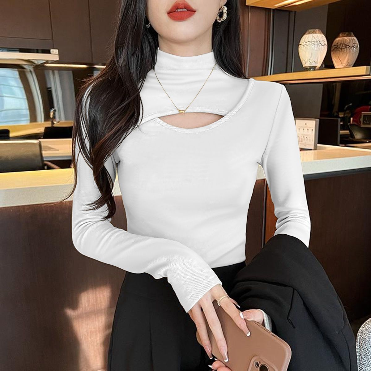 長袖鏤空微高領針織上衣 網美感鏤空設計 修身顯瘦 彈性親膚