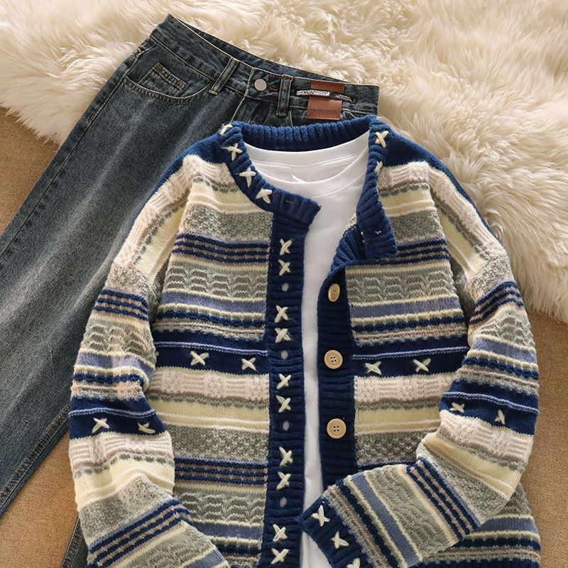 【單品可選】韓版復古潮流套裝 慵懶拼色針織上衣外套+高腰牛仔褲兩件套