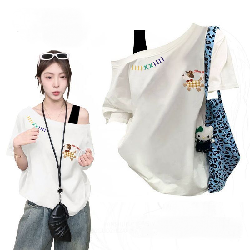 純棉復古印花斜肩假兩件短袖T恤 休閒百搭款