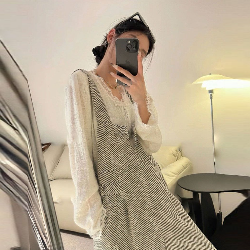 【單品可選】韓系 ‧ 斜紋寬版背帶連身褲+蕾絲花邊上衣