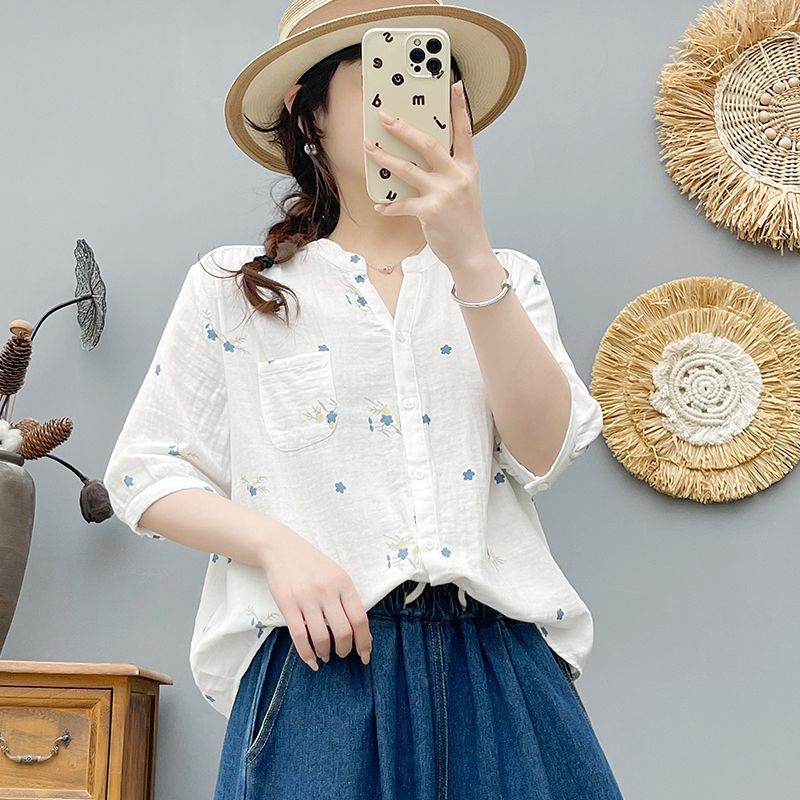 碎花雙層棉紗襯衫 中袖設計 寬鬆舒適 文青風上衣