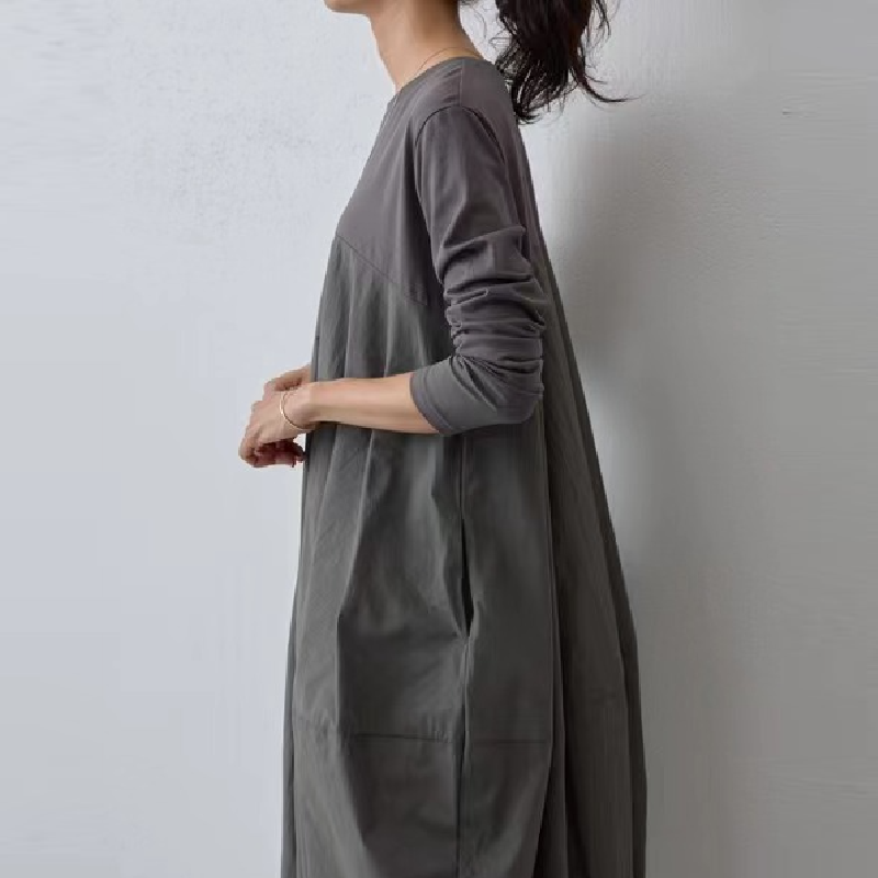 秋冬日韓系樂天圓領長袖針織拼接長款洋裝