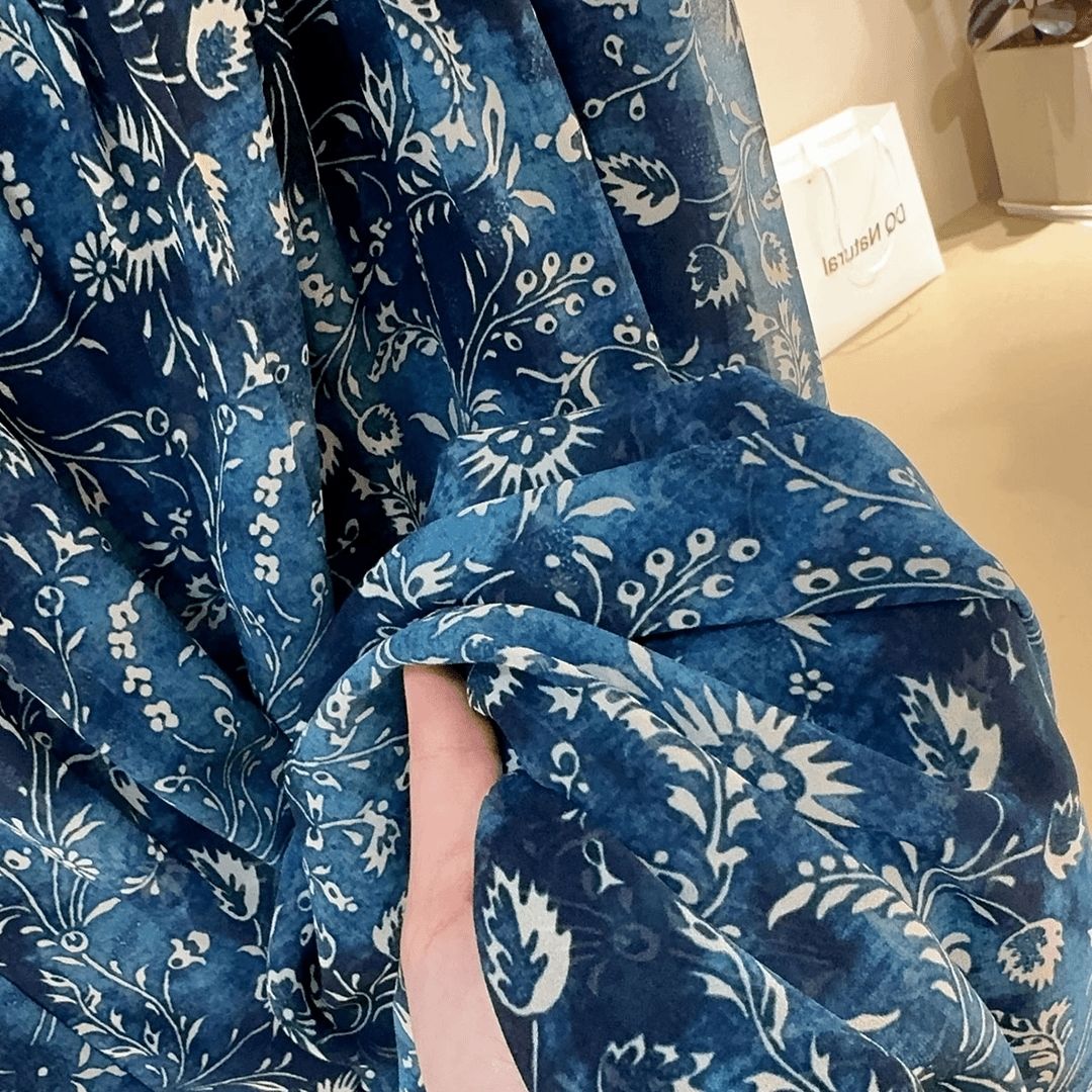 加長款深藍碎花沖繩渡假洋裝 夏季吊帶顯瘦長裙