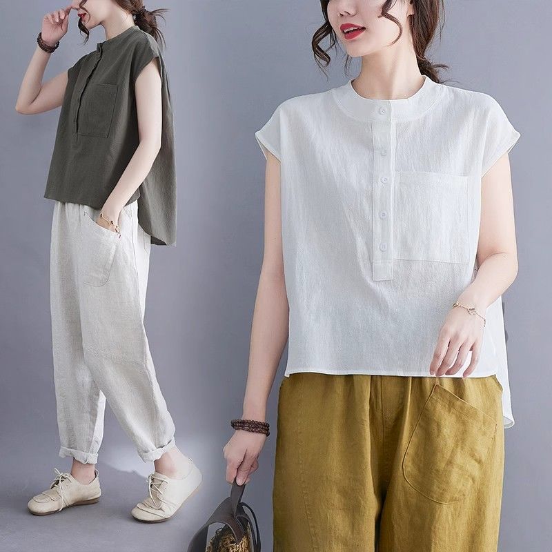 夏季棉麻無袖上衣｜文青風立領素色寬版襯衫 大尺碼百搭款