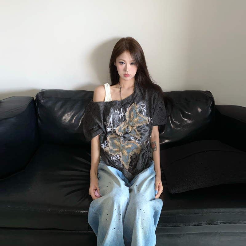 美式復古蝴蝶印花寬鬆長版T恤 個性設計感 休閒百搭上衣