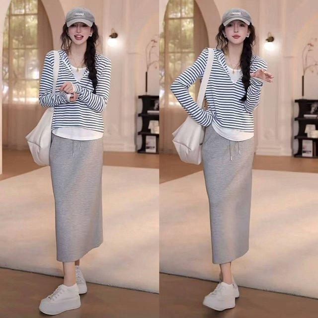 韓系休閒兩件式套裝 條紋上衣＋中長裙 成套穿搭