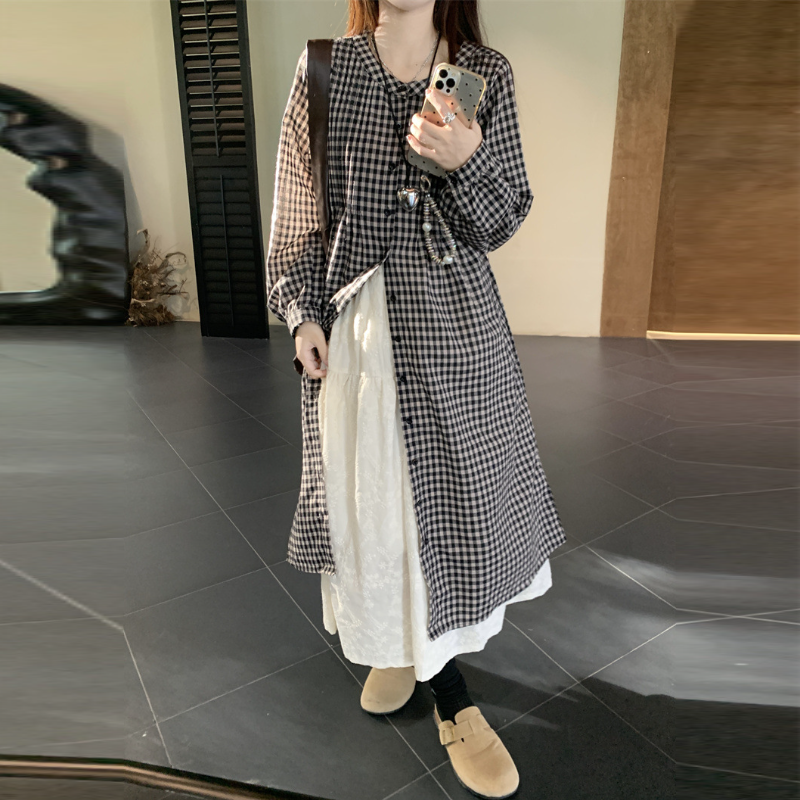 日系復古格紋襯衫洋裝 長袖寬鬆 可層次穿搭 慵懶風（嬌小友善）