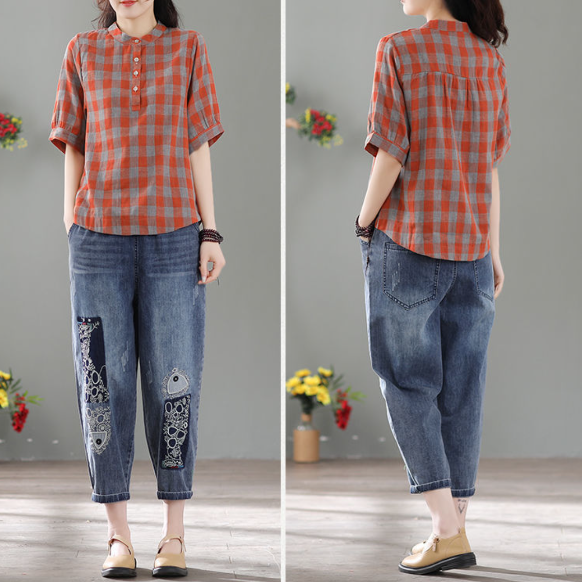 昭和風窗格紋棉麻罩衫 大尺碼衬衫上衣