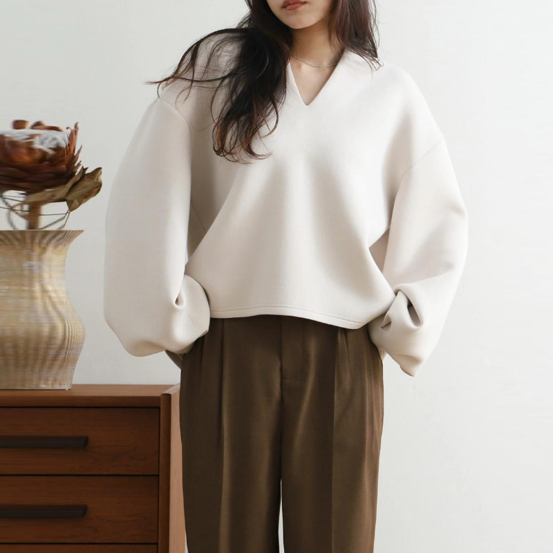 3色樂天日系寬鬆V領燈籠袖上衣-秋冬時尚百搭外套