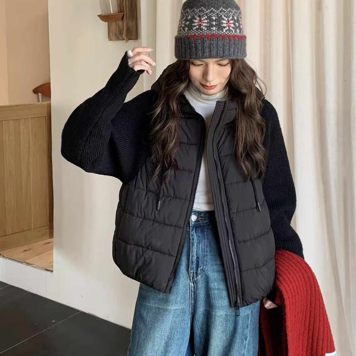 針織拼接連帽鋪棉外套 短版輕量 保暖不臃腫（小個子友善）