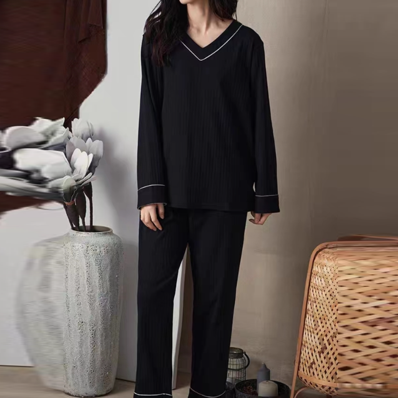 春秋款女士長袖條紋睡衣套裝清新風格家居服