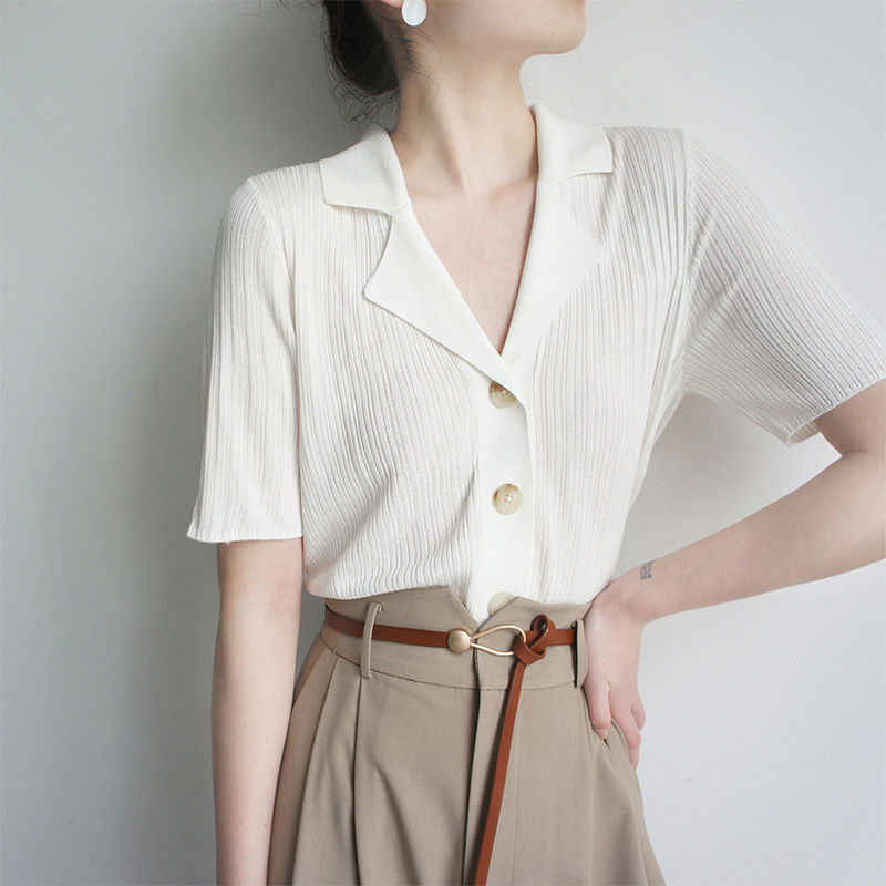 冰絲v領polo衫 針織開襟衫罩衫 薄款高級感上衣