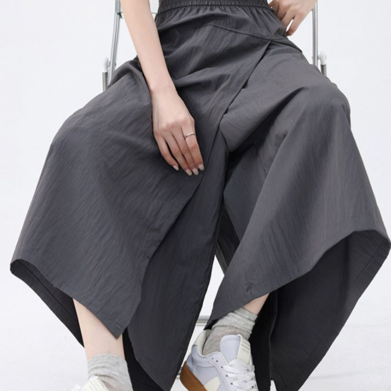 甜酷美式工裝冰絲褲裙 鬆緊腰不卡小腹 山本夏季高腰A字開叉半身裙