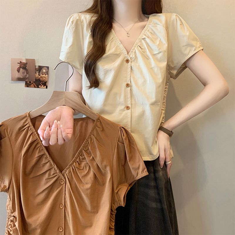 設計感皺皺v領短袖襯衫 顯瘦寬鬆百搭抽繩短款上衣