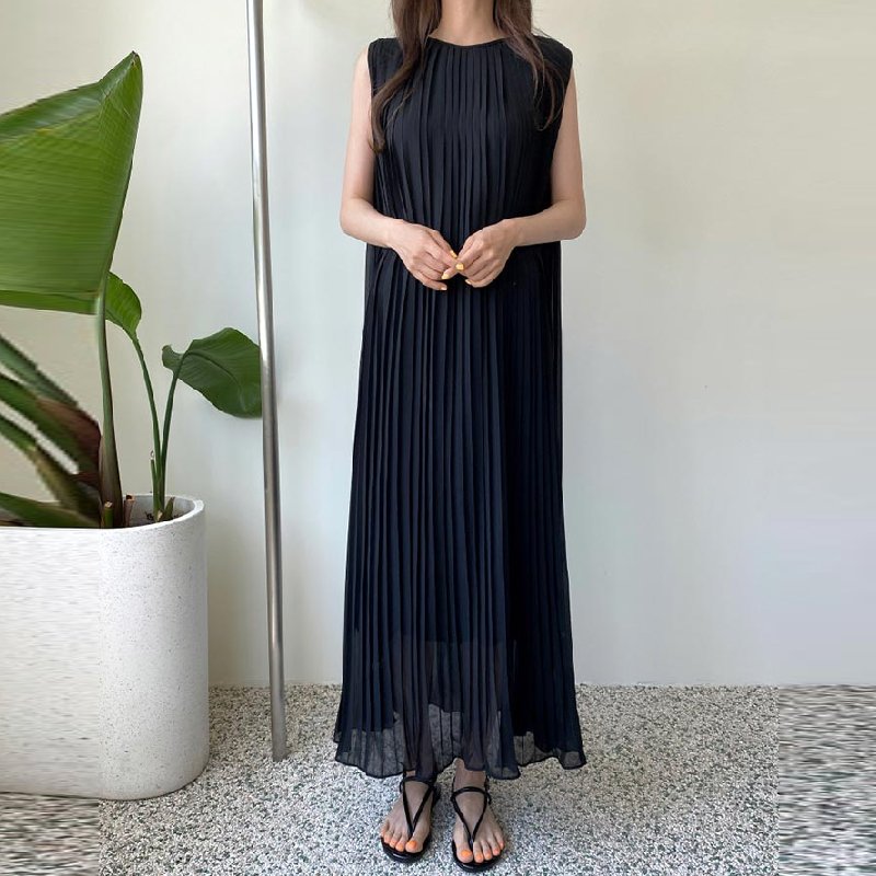 日系樂天收腰百褶雪紡長洋 經典無袖設計配腰帶連身裙