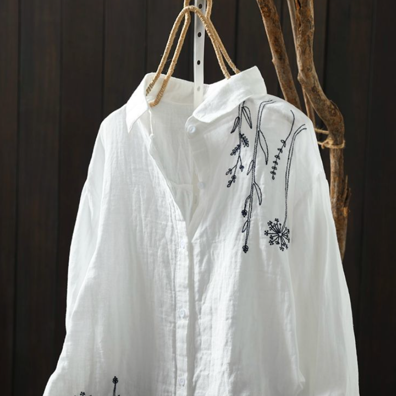 多層次外罩襯衫 微光澤棉麻刺繡上衣 熟齡顯瘦藏肉神器 獨家版型 抗皺透氣閨蜜親子裝穿搭