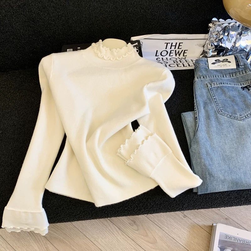 木耳邊半高領針織上衣 素色百搭設計 秋冬修身毛衣