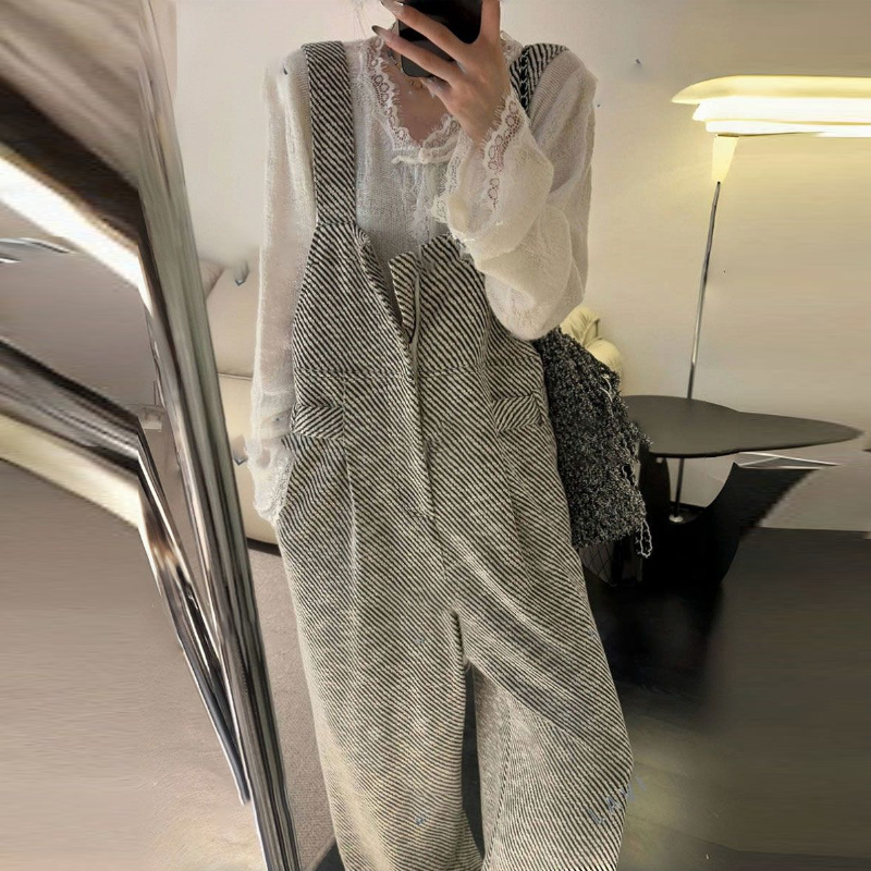 【單品可選】韓系 ‧ 斜紋寬版背帶連身褲+蕾絲花邊上衣