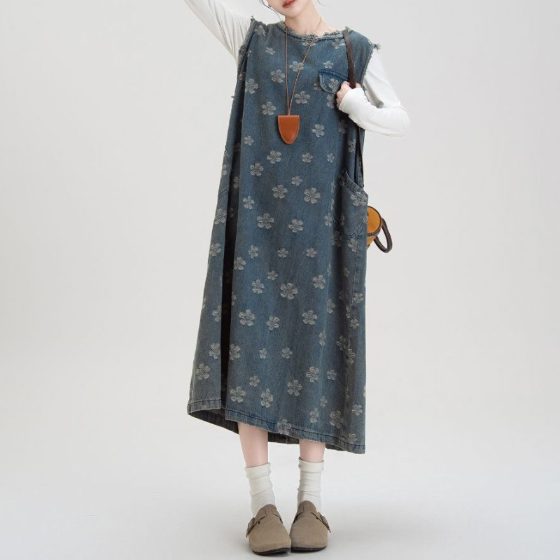 藍色丹寧碎花長版洋裝 韓系高質感 無袖背釦設計