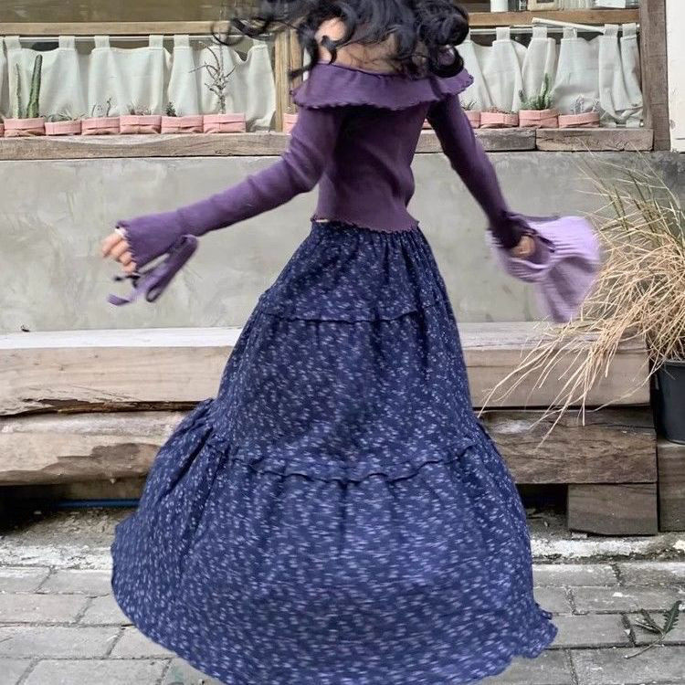 復古深藍碎花中長裙 高腰A字 層次拼接 傘裙擺 森林系