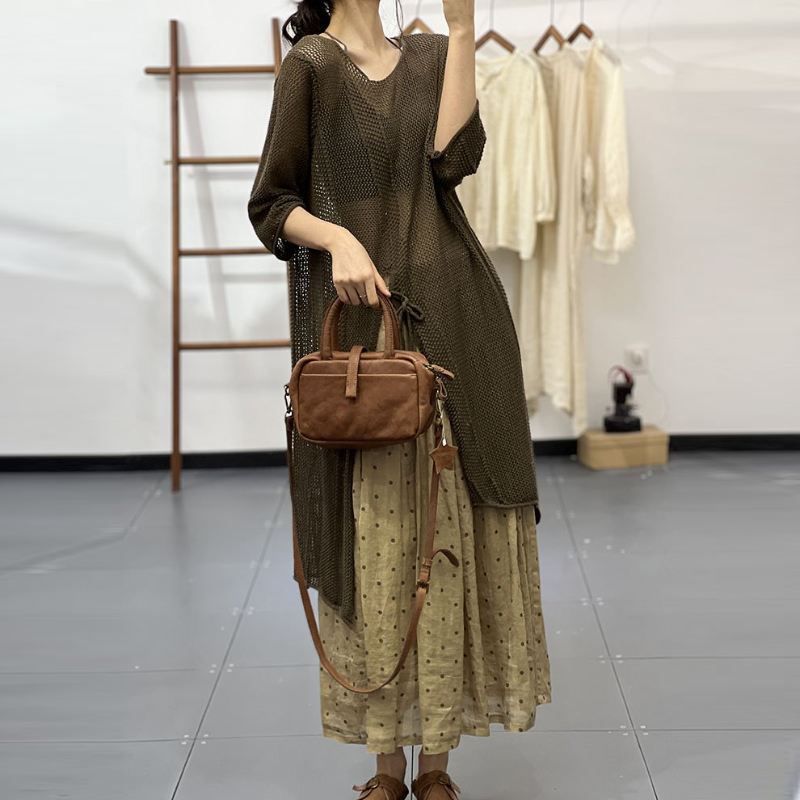 春夏鏤空針織裙罩衫 文青風中長版連身裙 慵懶休閒感穿搭