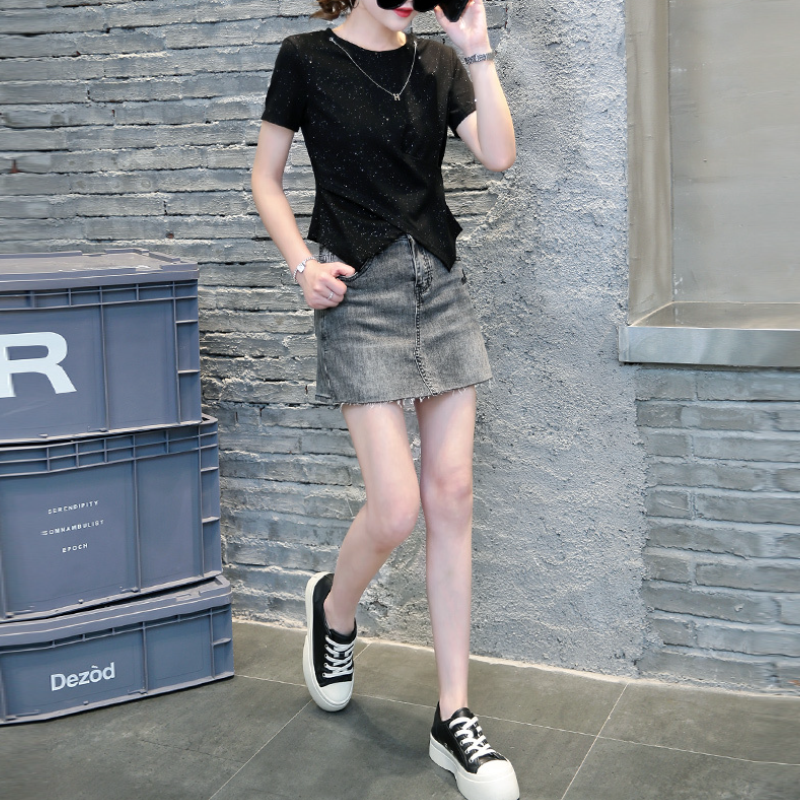 亮閃閃不規則短款短袖T恤 開叉設計感小眾獨特上衣