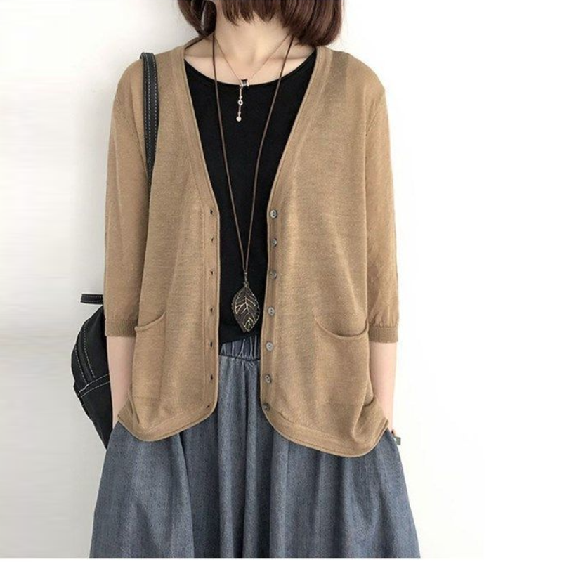 日韓風休閒罩衫 百搭冰絲針織開襟衫 洋氣上衣