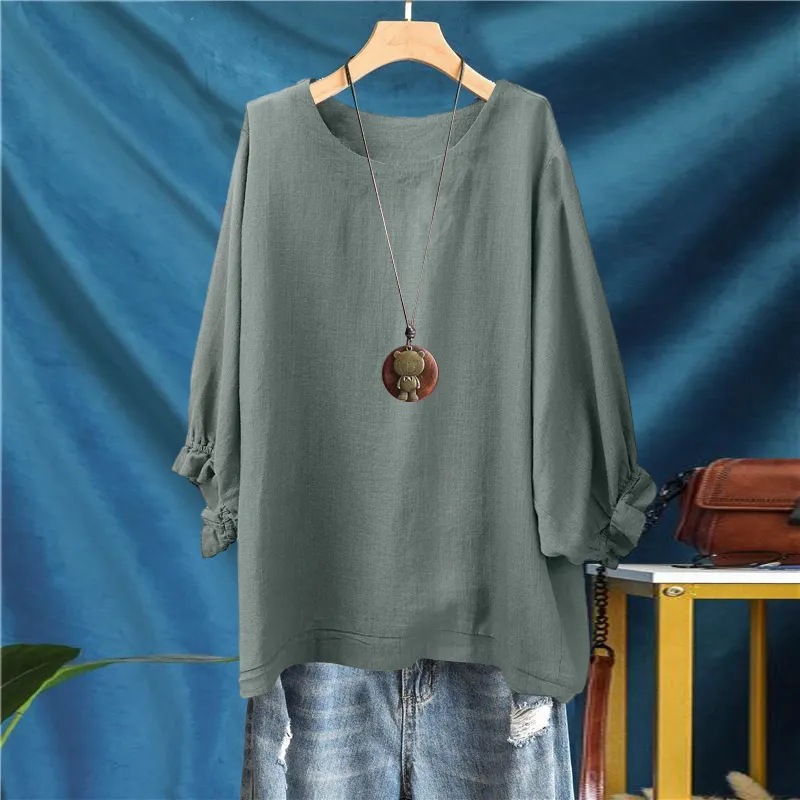 寬鬆五分袖上衣 春夏秋棉質 圓領縮口蓬袖 顯瘦百搭 外穿好搭