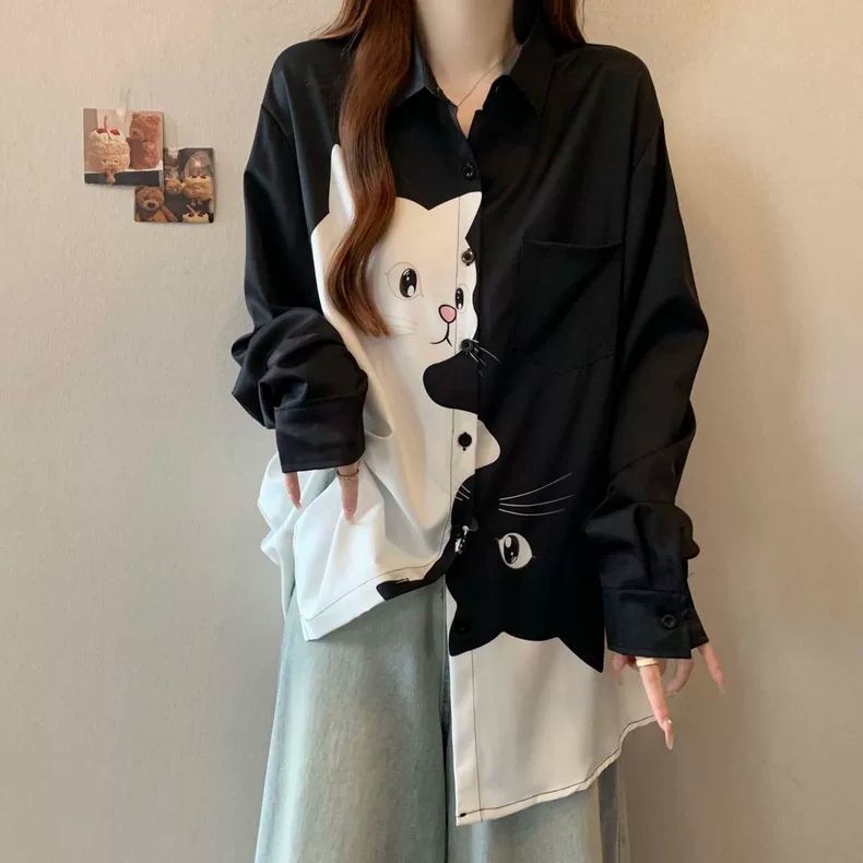 大尺碼貓咪印花襯衫 長袖寬鬆版 顯瘦遮肉（黑/白）