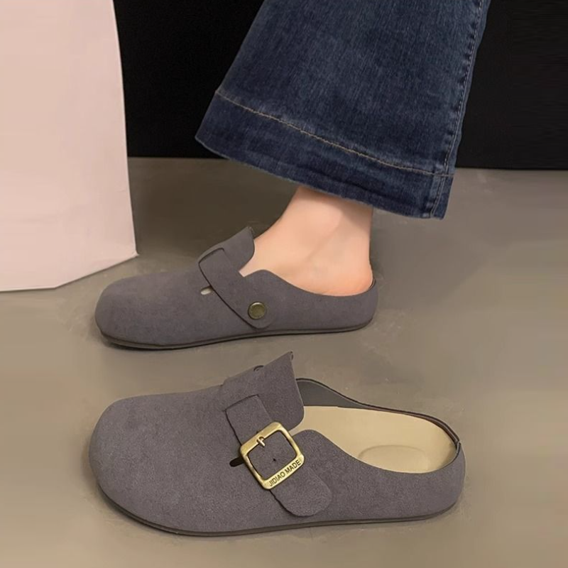 簡約包頭半拖鞋 可調扣帶設計 平底舒適 百搭休閒款