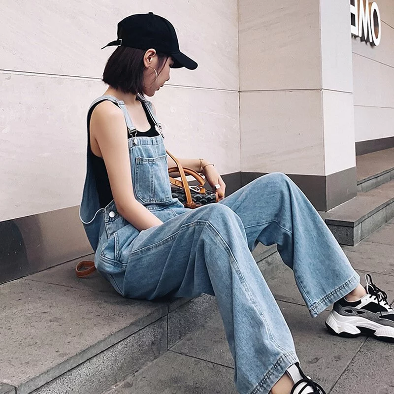 韓妞抗UV涼感牛仔吊帶褲 高腰寬褲顯腿長 夏季冷氣房工裝風背帶裙 小隻女顯高
