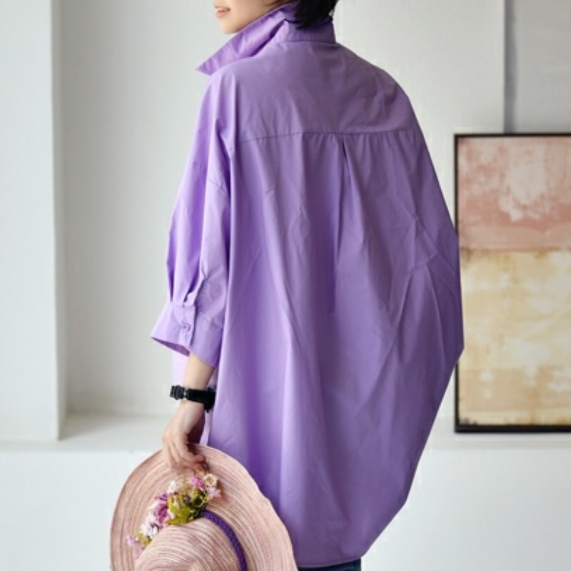 設計感長版襯衫 薰衣草紫 寬鬆顯瘦 前短後長 五分袖 大尺碼友善