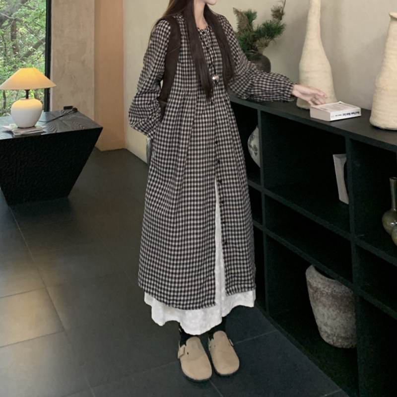 日系復古格紋襯衫洋裝 長袖寬鬆 可層次穿搭 慵懶風（嬌小友善）
