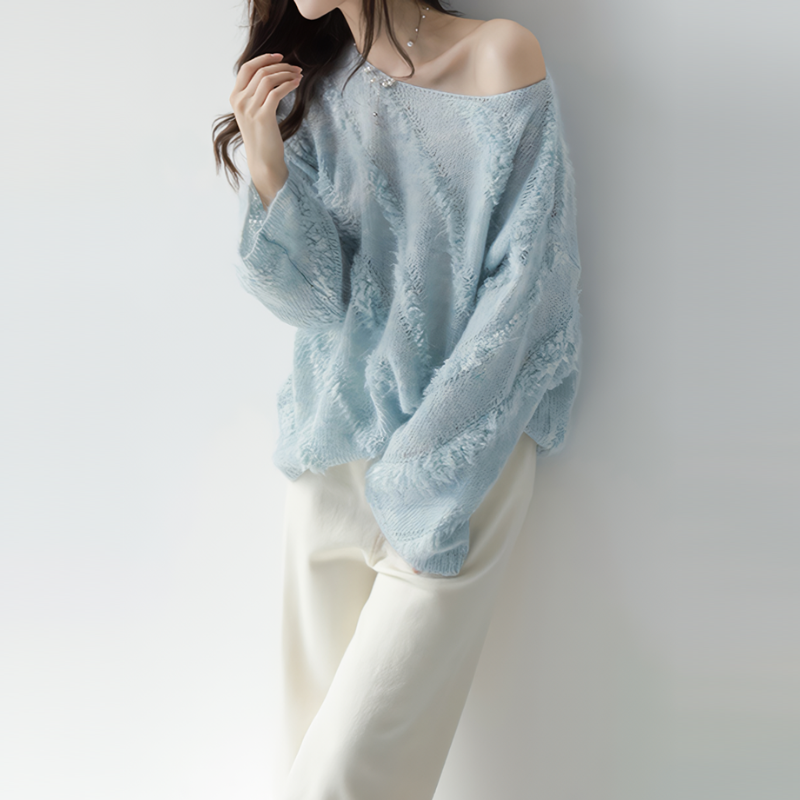 法式慵懶一字領馬海毛毛衣 秋冬外穿寬鬆針織上衣 柔軟蓬鬆