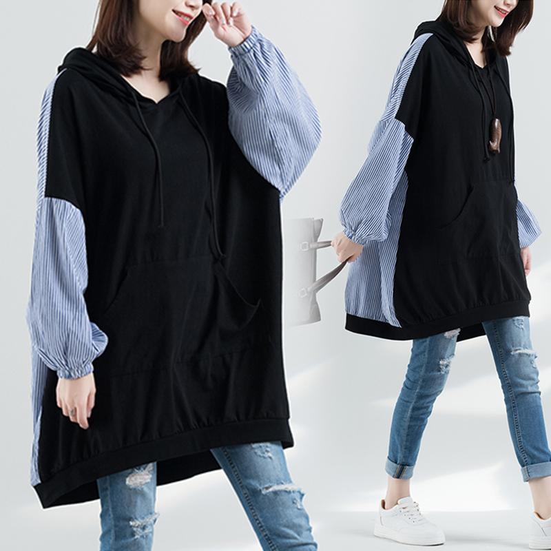 大尺碼秋季洋氣連帽上衣 拼接格紋連帽連身裙 拼接洋裝