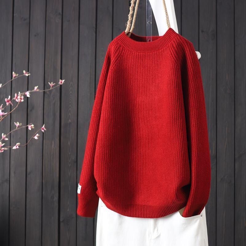 2024秋冬洋氣圓領純色線條紋簡約冬季寬鬆針織衫套頭女裝加厚毛衣