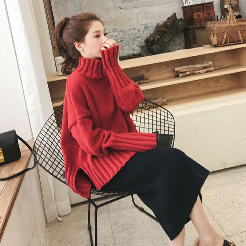 寬鬆高領針織毛衣 落肩版型 加長羅紋下擺與袖口