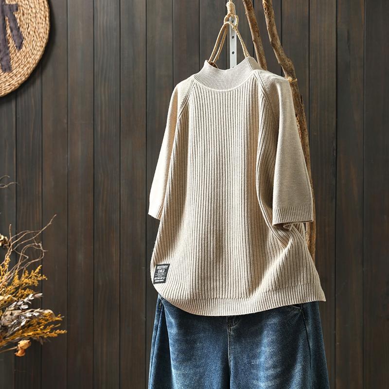 優雅韓版簡約多色半高領五分袖針織衫