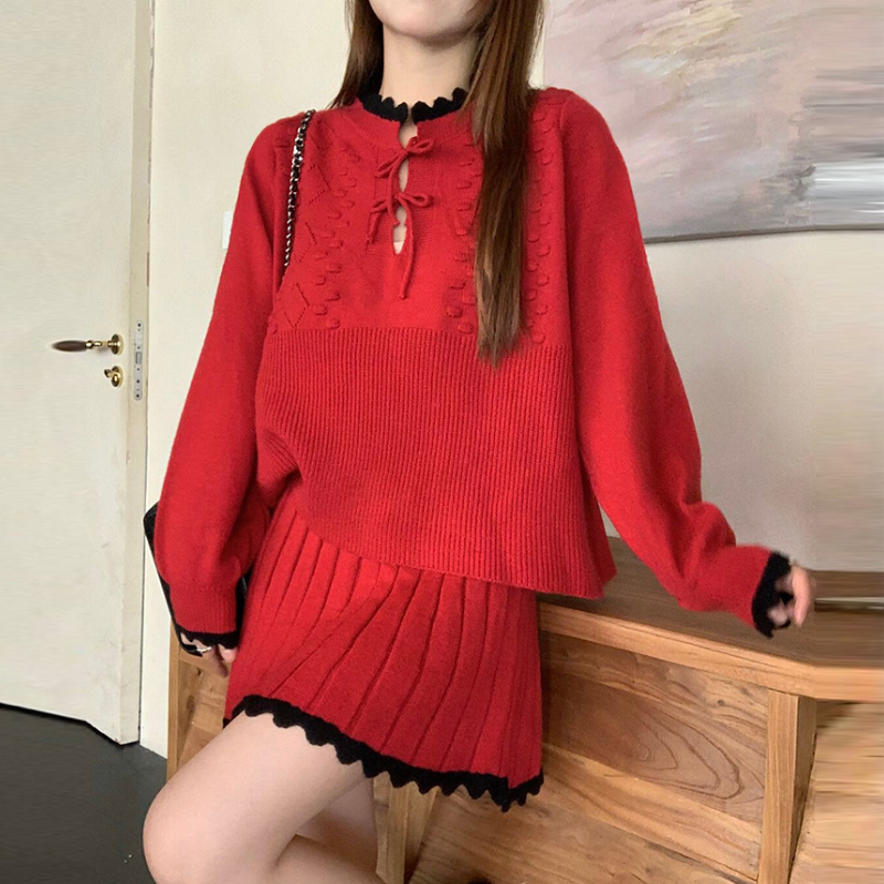 溫柔系針織套裝 蝴蝶結織紋上衣＋百褶裙 兩件式 顯瘦減齡