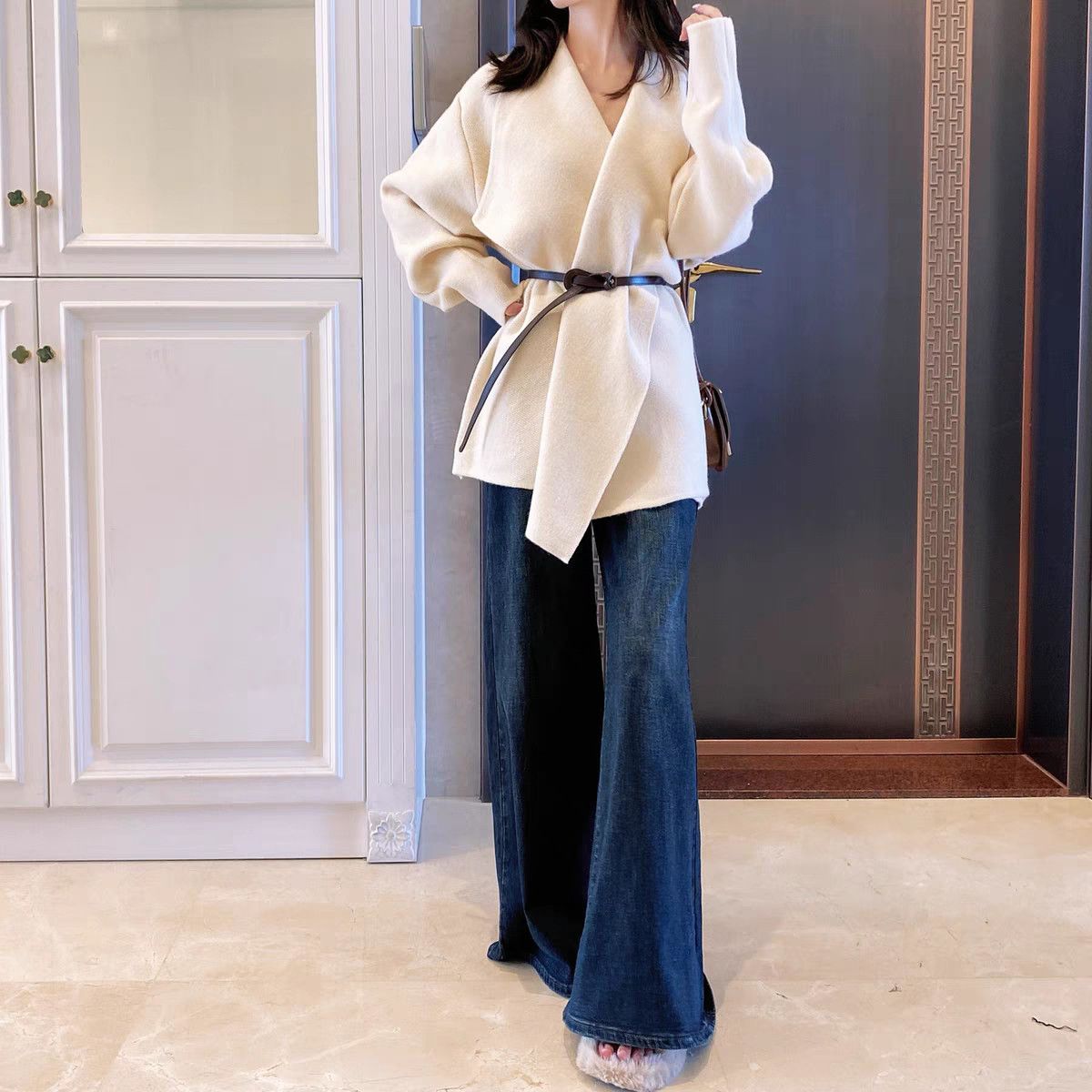 韓系V領針織外套＋高腰寬褲牛仔 兩件套 灰色上衣 綁帶設計