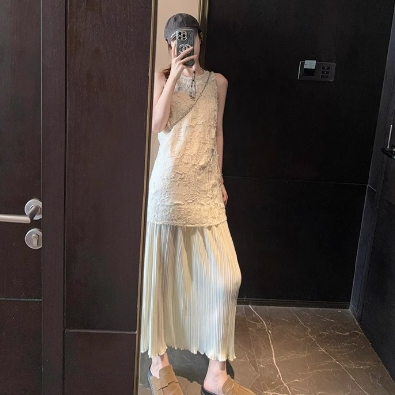 假日風層次拼接無袖洋裝 立體剪花上身 壓褶長裙 長版 氣質顯瘦